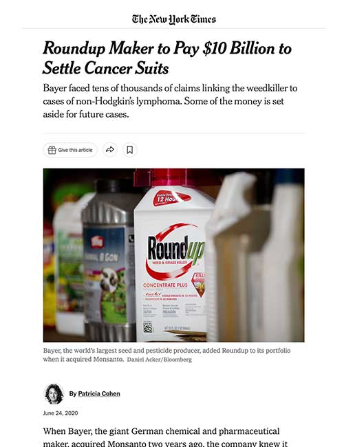 Roundup Maker to Pay $10 Billion to Settle Cancer Suits - The New York Times